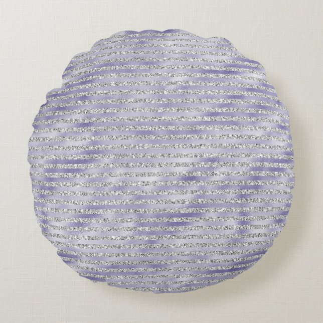Silver Purple Glitzy Glitter Stripes Round Pillow (Front)