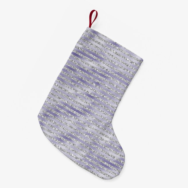 Silver Purple Glitzy Glitter Stripes Small Christmas Stocking (Front (Hanging))