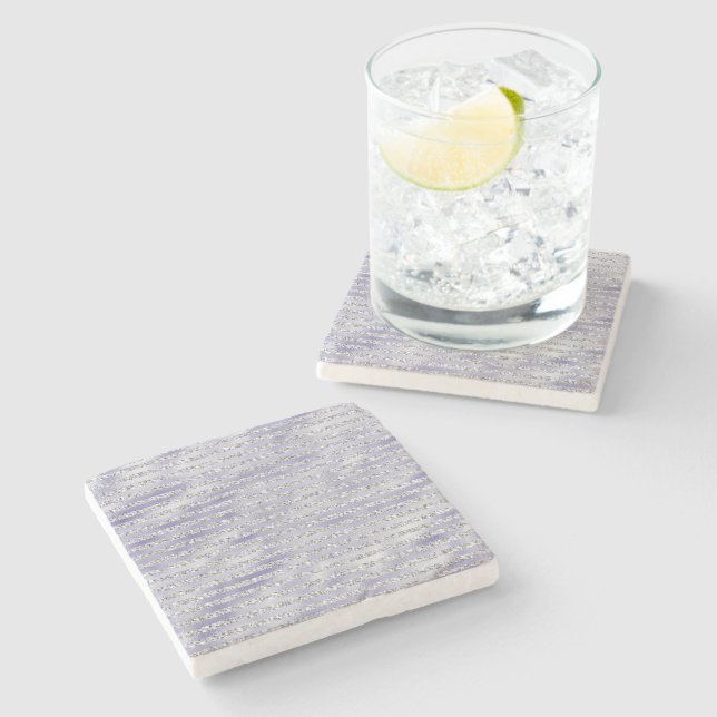 Silver Purple Glitzy Glitter Stripes Stone Coaster (Side)