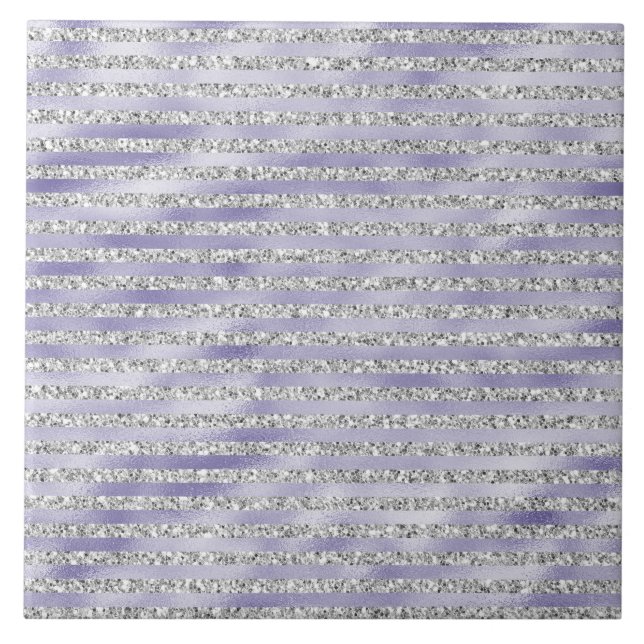 Silver Purple Glitzy Glitter Stripes Tile (Front)
