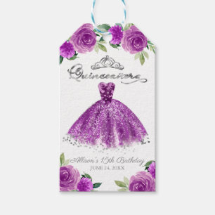 Silver Purple Gown Floral Quinceanera Party Gift Tags