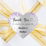 Silver purple heart thank you wedding heart sticker<br><div class="desc">A faux silver looking background,  decorated with faux purple glitter.  With the text: Thank you for sharing our special day,  with a small heart.   Personalize and add your names.</div>
