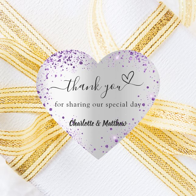 Silver purple heart thank you wedding sticker (Creator Uploaded)