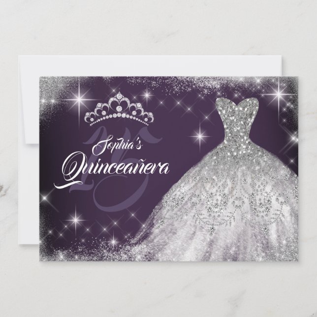 Silver Purple Lace Diamond Gown Tiara Quinceanera Invitation (Front)