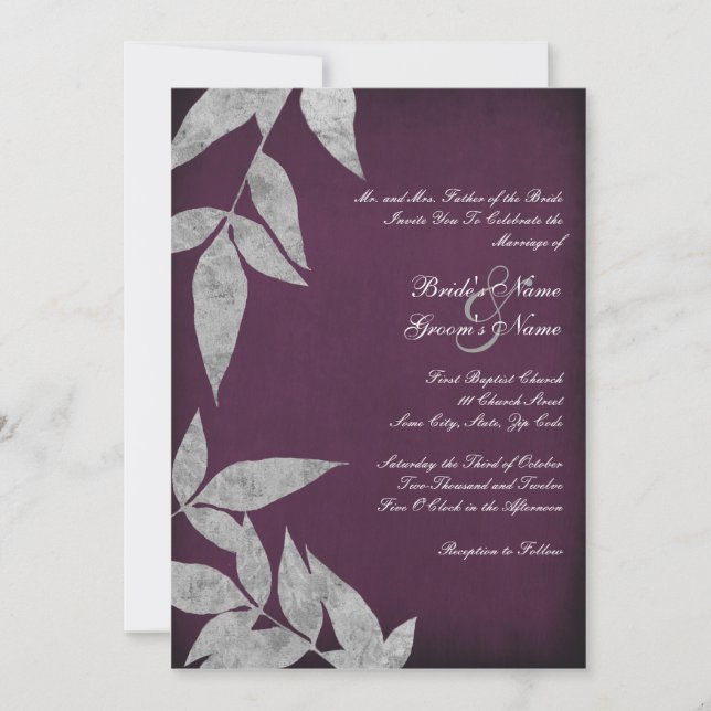 Silver & Purple Leaves Vintage Wedding Invitations (Front)