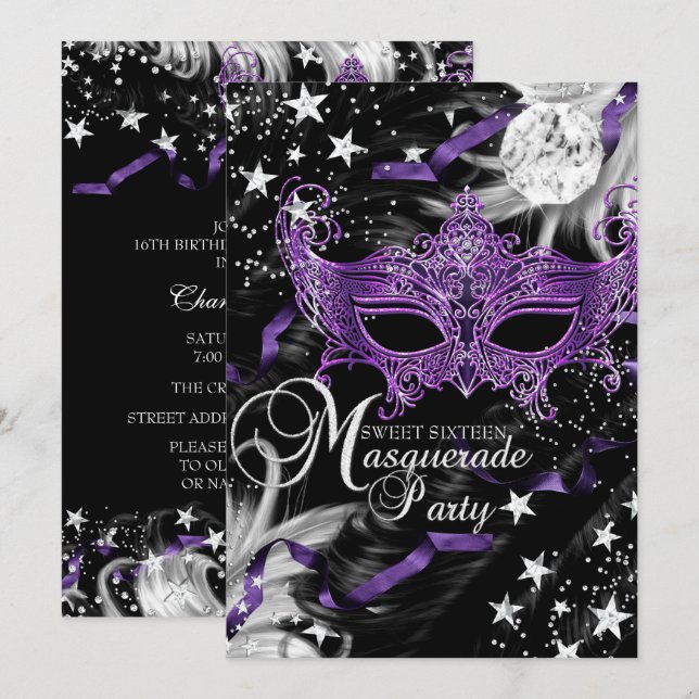 Silver Purple Mask Star Night Masquerade Sweet 16 Invitation (Front/Back)