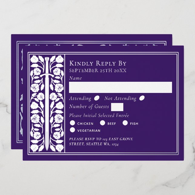 Silver Purple Medieval Sword Wedding RSVP (Front/Back)
