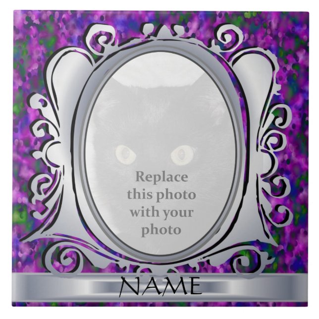 Silver Purple Oval Photo Frame with Name Tile (Front)