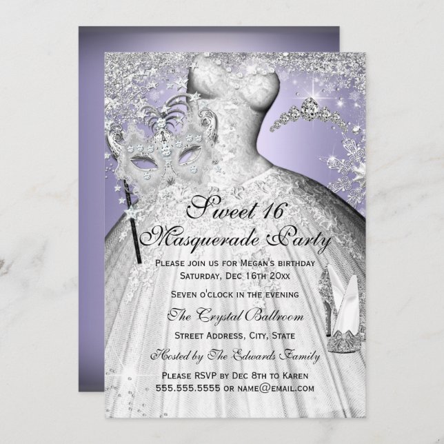 Silver & Purple Princess Masquerade Sweet 16 Invitation (Front/Back)