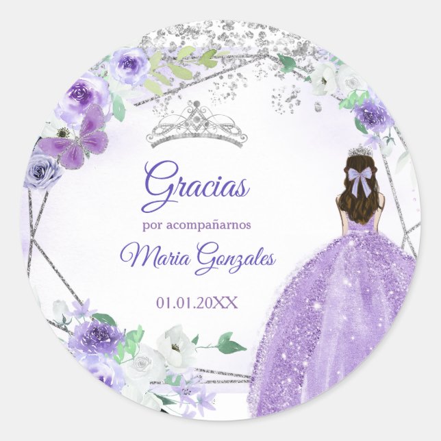 Silver Purple Quinceañera Favour Thank You Gift  Classic Round Sticker (Front)