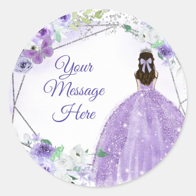 Silver Purple Quinceañera Your Message Here Classic Round Sticker (Front)