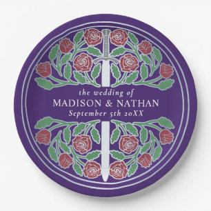 Silver Purple Royal Medieval Floral Sword Wedding  Paper Plate