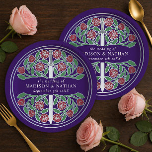 Silver Purple Royal Medieval Floral Sword Wedding Paper Plate