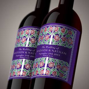 Silver Purple Royal Medieval Floral Sword Wedding Wine Label