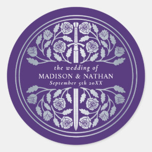 Silver Purple Royal Medieval Sword Wedding  Classic Round Sticker