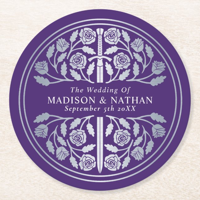 Silver Purple Royal Medieval Sword Wedding Round Paper Coaster (Front)