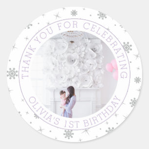 Silver & Purple Snowflake 1st Birthday Party Photo Classic Round Sticker