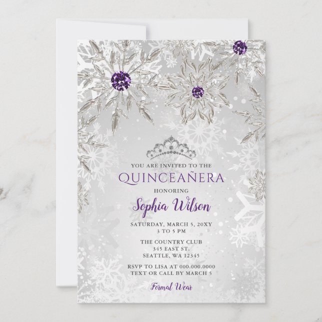 Silver Purple Snowflakes Tiara Quinceañera Invitation (Front)