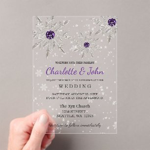 Silver Purple snowflakes Winter Wedding Acrylic Invitations
