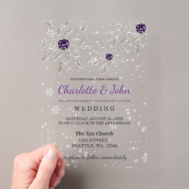 Silver Purple snowflakes Winter Wedding Acrylic Invitations (Insitu (Handheld))