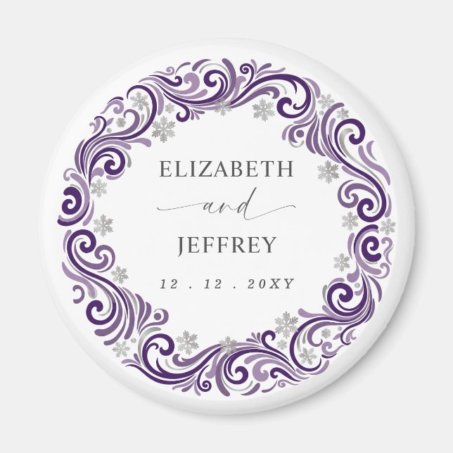 Silver Purple Snowflakes Winter Wedding Magnet (Front)
