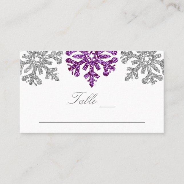 Silver Purple Snowflakes Winter Wedding Place Card (Front)