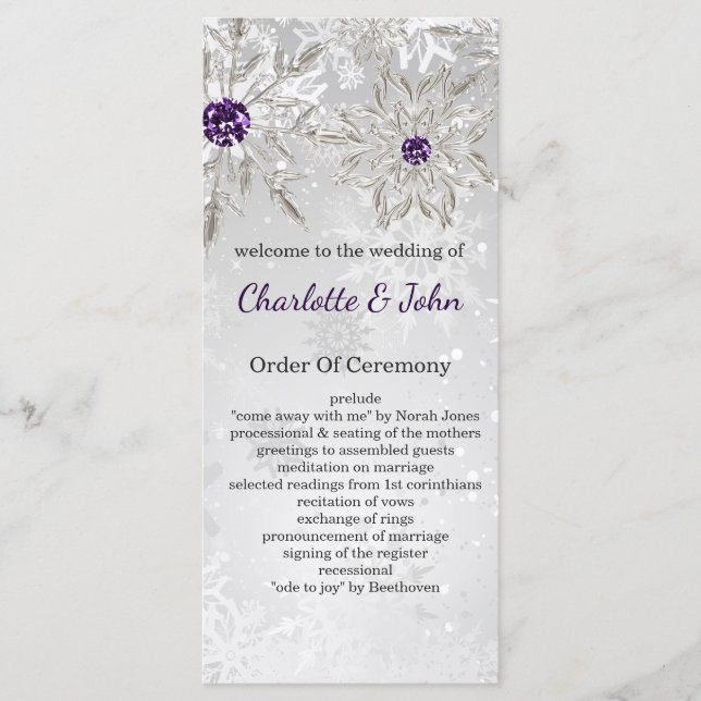 silver purple snowflakes winter wedding programs (Front)