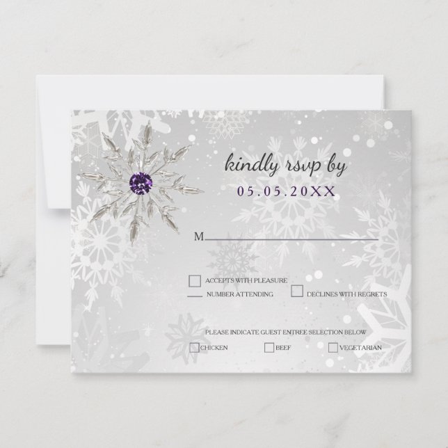 silver purple snowflakes winter wedding rsvp (Front)