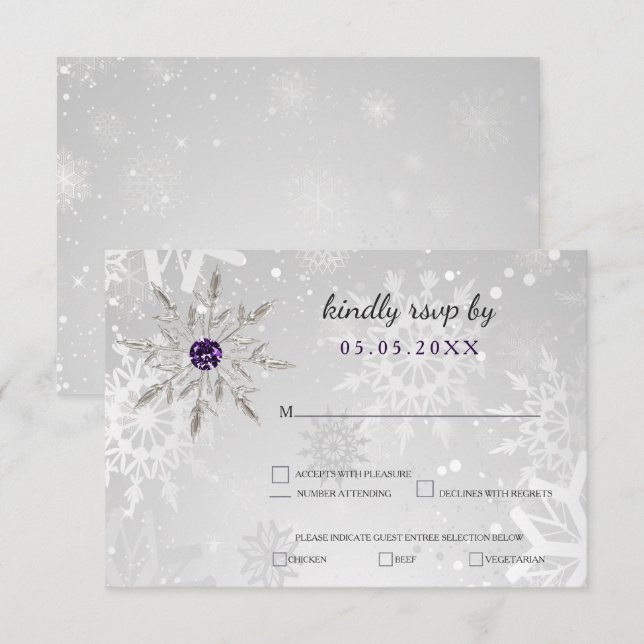 silver purple snowflakes winter wedding rsvp invitation (Front/Back)