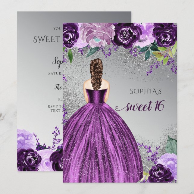 Silver Purple Sparkle Dress Sweet 16 birthday Invitation (Front/Back)