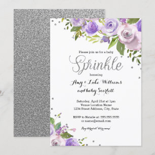 Silver Purple Sparkle Floral Sprinkle Baby Shower Invitation