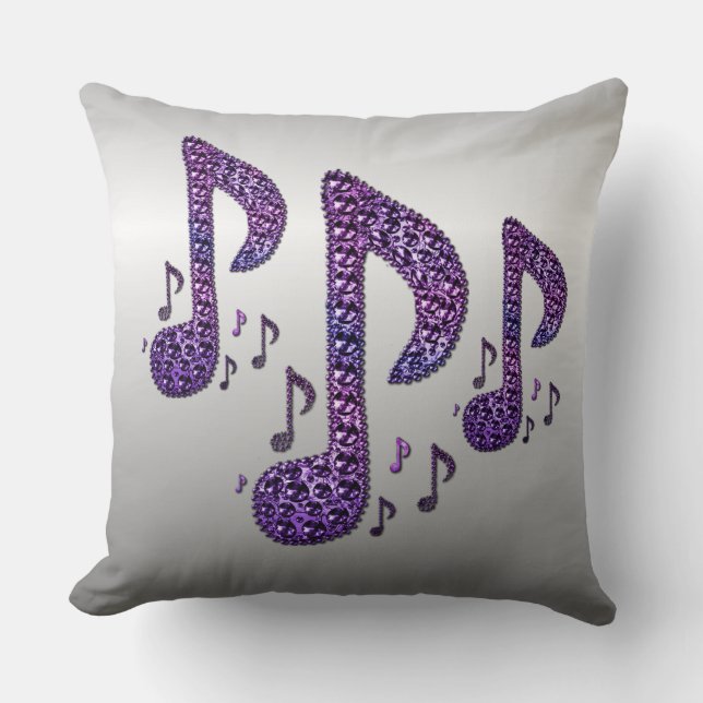 Silver Purple Sparkle Music Notes Throw Pillow (Front)