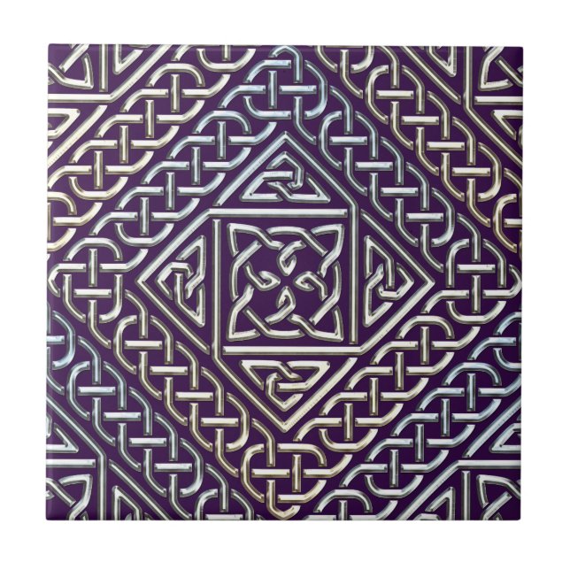 Silver Purple Square Shapes Celtic Knots Pattern Tile (Front)