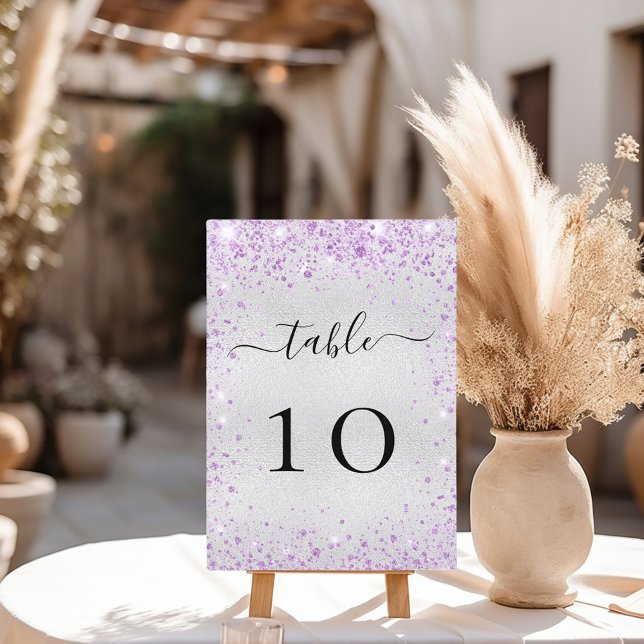 Silver purple violet glitter table number card (Creator Uploaded)