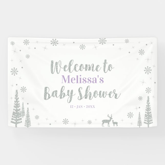 Silver & Purple Winter Baby Shower Welcome Banner (Horizontal)