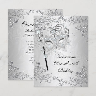 Silver Quinceanera 15th Birthday Masquerade Invitation
