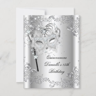 Silver Quinceanera 15th Birthday Masquerade Invitation