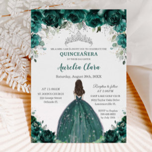 Silver Quinceañera Emerald Green Floral Princess Invitation