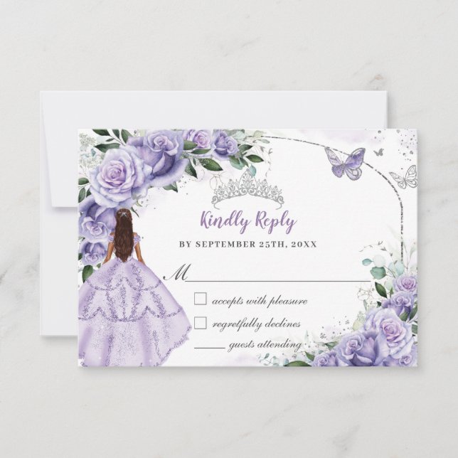 Silver Quinceanera Purple Lavender Floral Princess RSVP Card (Front)
