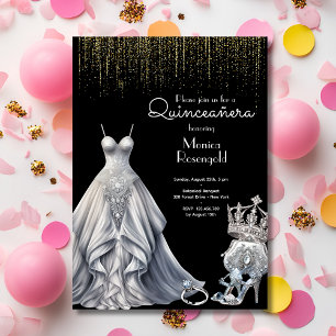 Silver Quinceañera Royal Princess Black Birthday Invitation