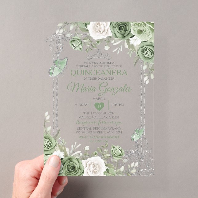 Silver Quinceañera Sage Green Crown Butterfly Acrylic Invitations (Insitu (Handheld))