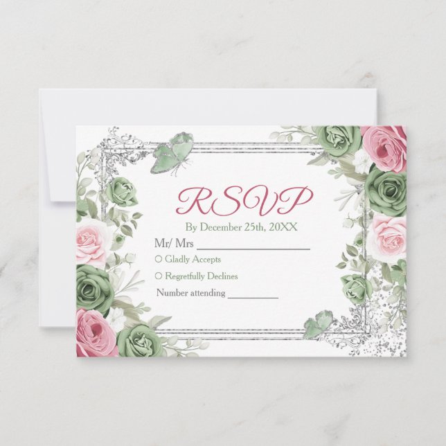Silver Quinceañera Sage Green Crown Rsvp Card (Front)