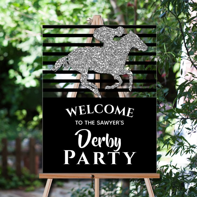 Silver Racehorse Black Stripes Derby Bienvenue (Silver faux glitter racehorse black stripes Derby party welcome acrylic sign)