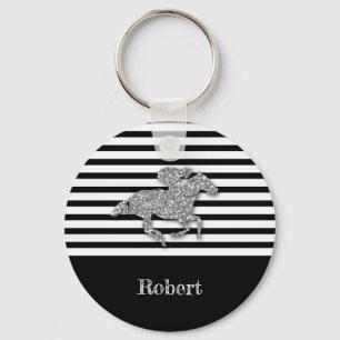 Silver Racehorse Black White Stripes Keychain