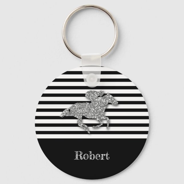 Silver Racehorse Black White Stripes Keychain (Front)