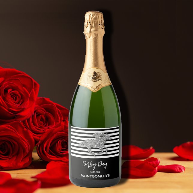 Silver Racehorse on Black Stripes Sparkling Wine Label (Creator Uploaded)