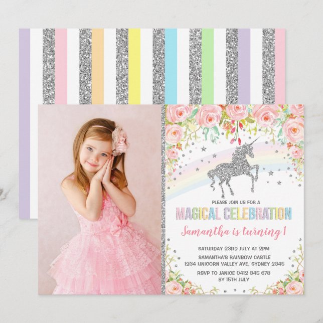 Silver Rainbow Unicorn Pink Floral Birthday Invitation (Front/Back)