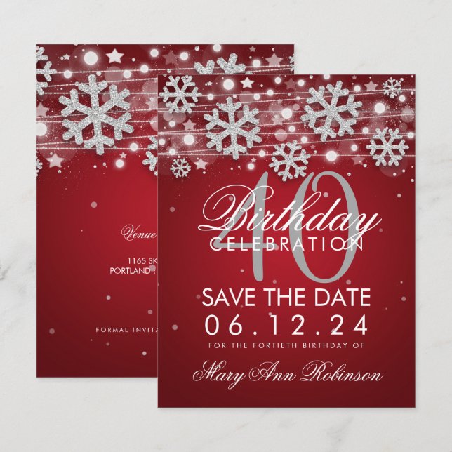 Silver Red 40th Birthday Save Date Winter Invitation (Front/Back)