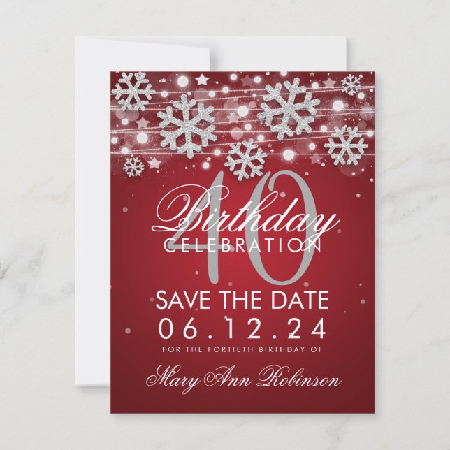 Silver Red 40th Birthday Save Date Winter Save The Date (Front)
