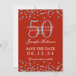 Silver Red 50th Birthday Save the Date Confetti Invitation